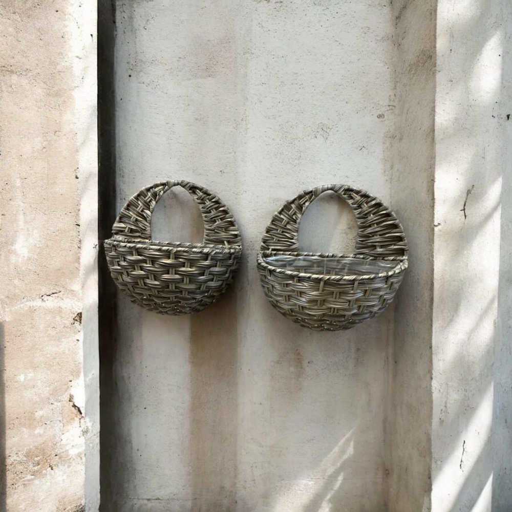 Set of 2 Gray Washed Wicker Wall Baskets with Plastic‎ Liners